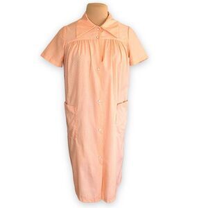 Vintage Housedress Sheer Pastel Orange White Polka Dots Short Sleeved Collared